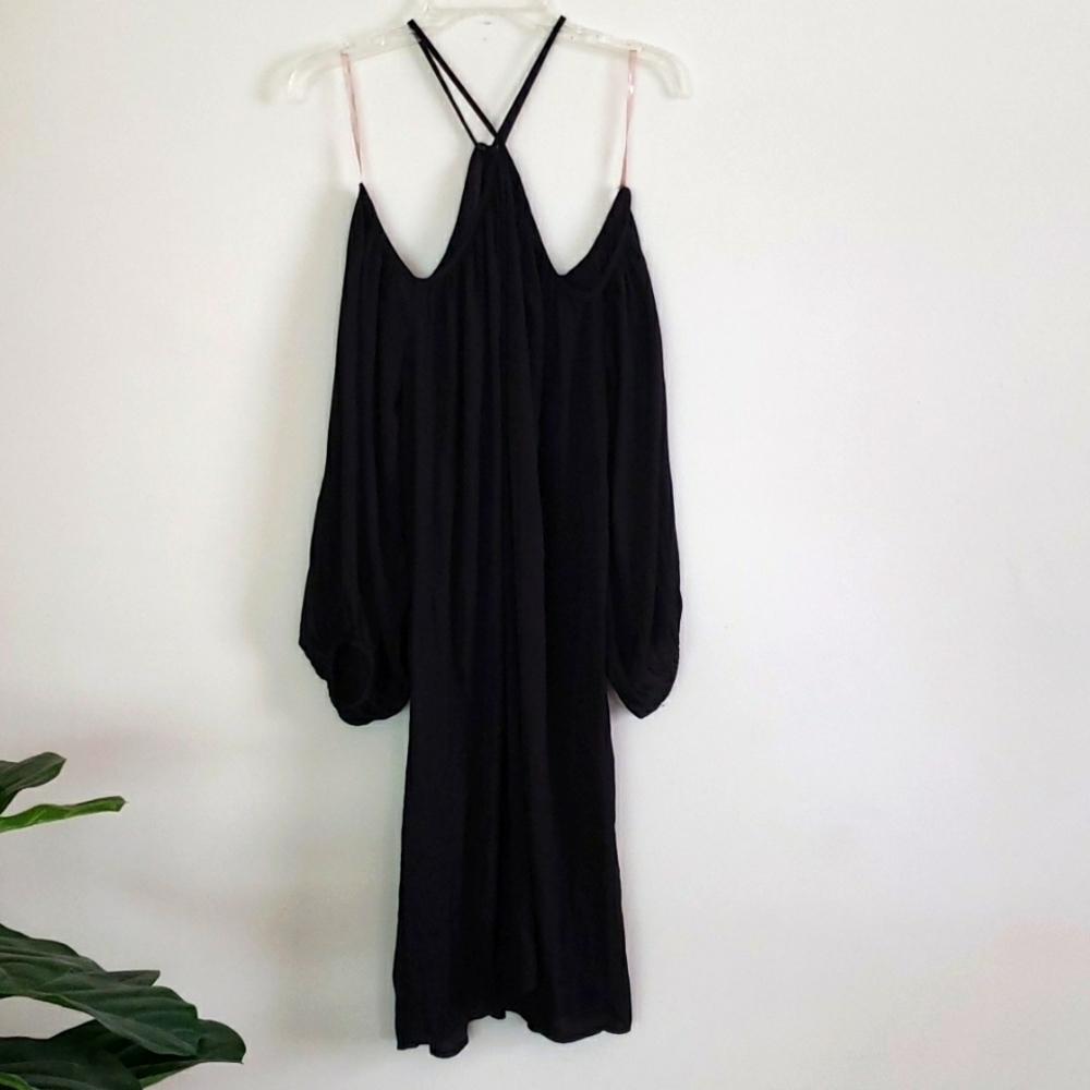 Lush black dress, halter, cold shoulder, balloon sleeve, above knee, flowy.